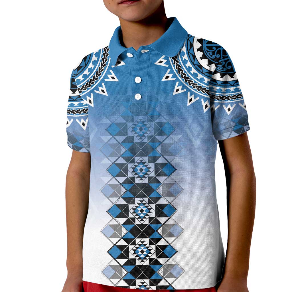 New Zealand Kid Polo Shirt Poutama Mix Blue Taniko Inspired Art LT05