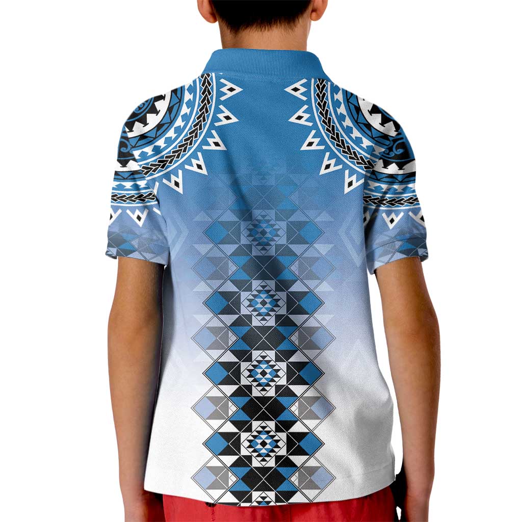 New Zealand Kid Polo Shirt Poutama Mix Blue Taniko Inspired Art LT05