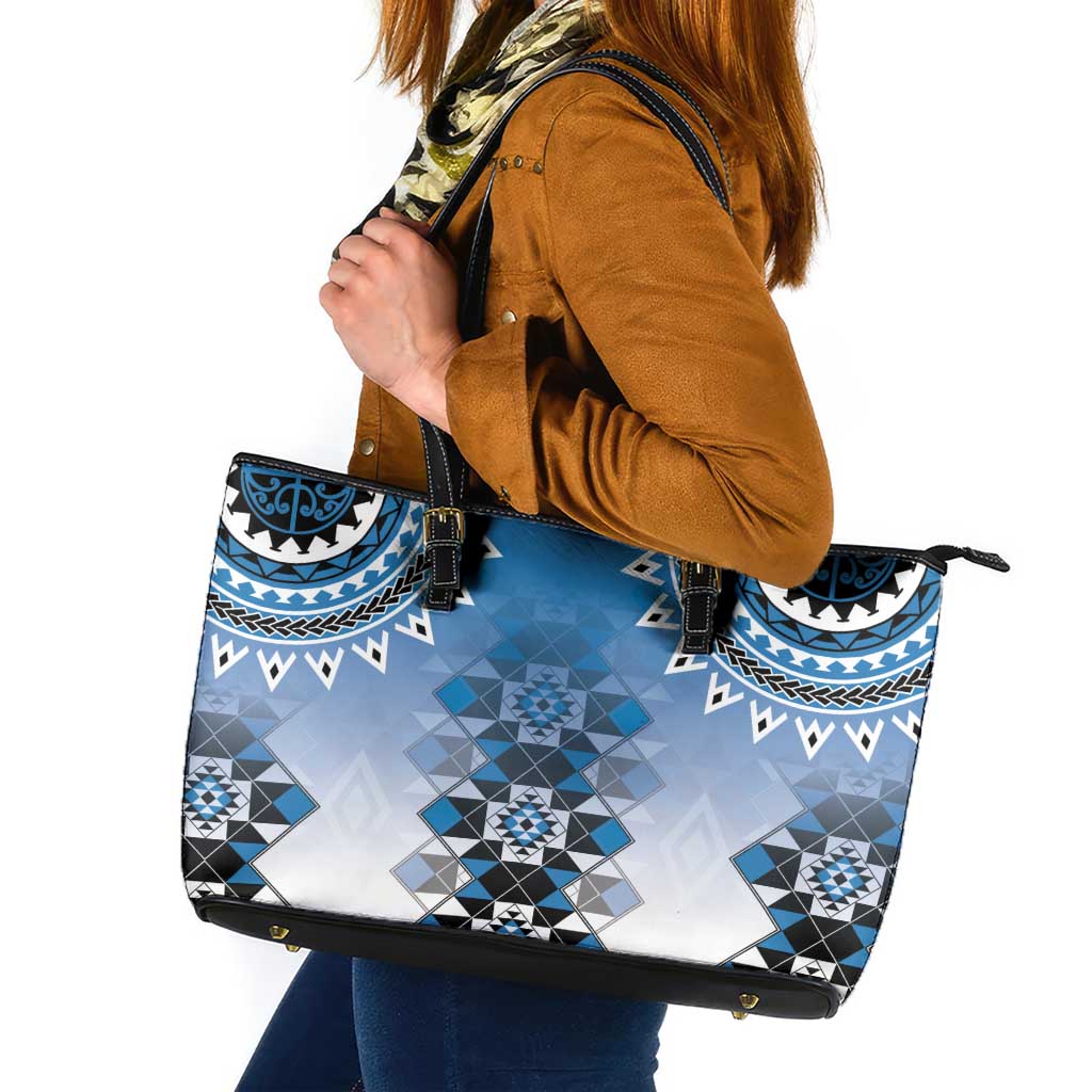New Zealand Leather Tote Bag Poutama Mix Blue Taniko Inspired Art LT05 Blue - Polynesian Pride