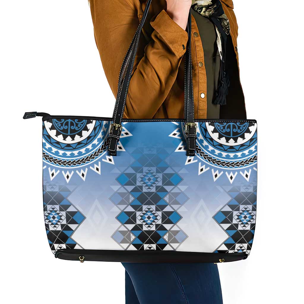 New Zealand Leather Tote Bag Poutama Mix Blue Taniko Inspired Art LT05 - Polynesian Pride