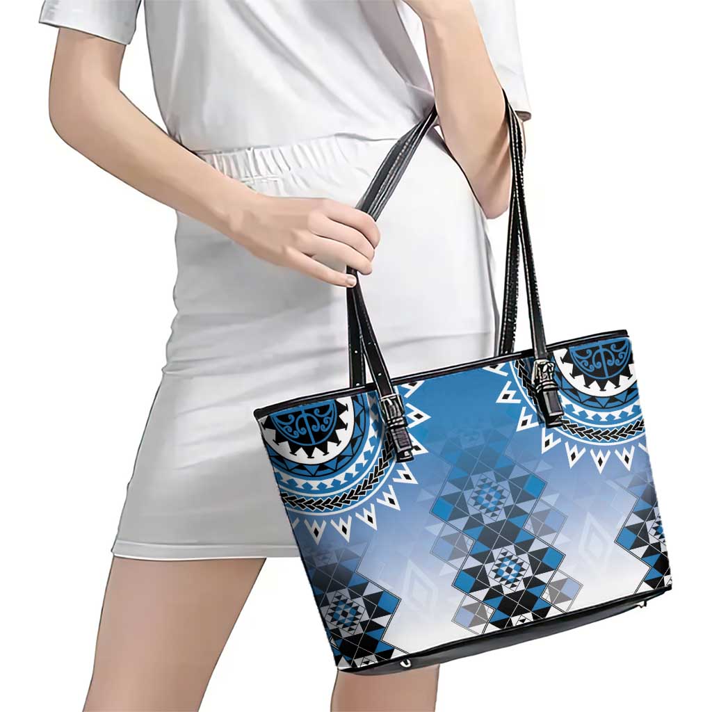 New Zealand Leather Tote Bag Poutama Mix Blue Taniko Inspired Art LT05 - Polynesian Pride