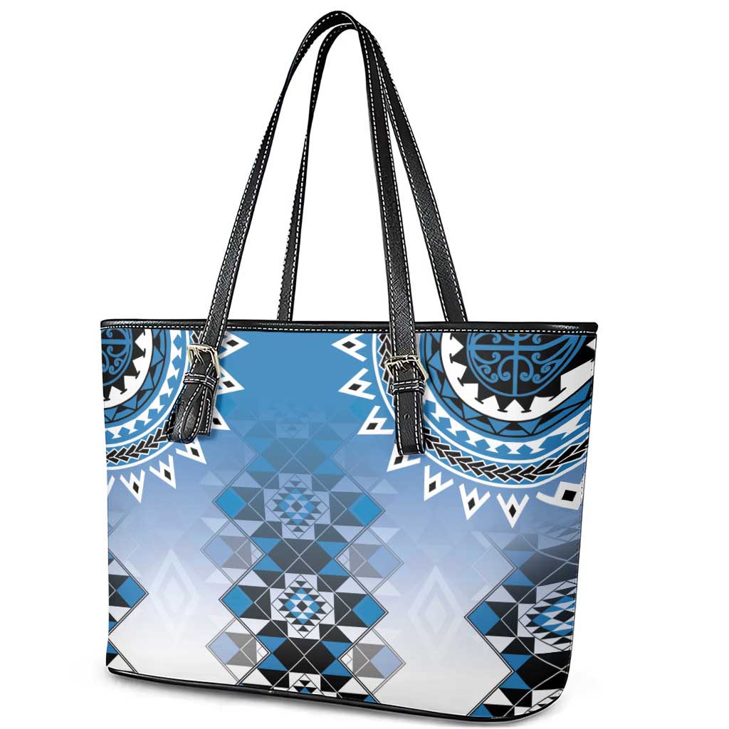 New Zealand Leather Tote Bag Poutama Mix Blue Taniko Inspired Art LT05 - Polynesian Pride