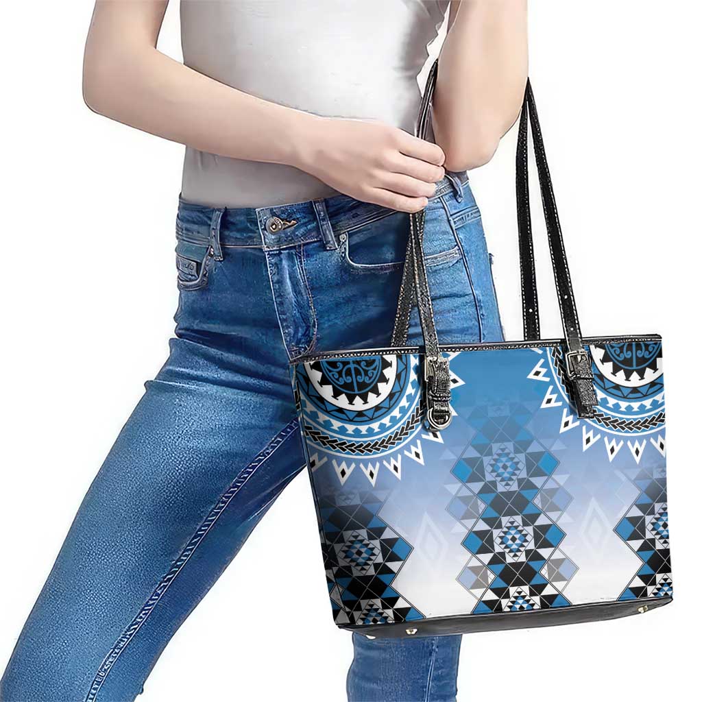 New Zealand Leather Tote Bag Poutama Mix Blue Taniko Inspired Art LT05 - Polynesian Pride