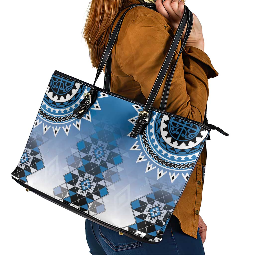 New Zealand Leather Tote Bag Poutama Mix Blue Taniko Inspired Art LT05 - Polynesian Pride