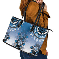 New Zealand Leather Tote Bag Poutama Mix Blue Taniko Inspired Art LT05 - Polynesian Pride