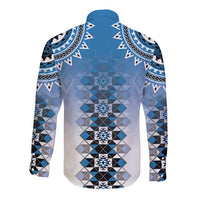 New Zealand Long Sleeve Button Shirt Poutama Mix Blue Taniko Inspired Art LT05