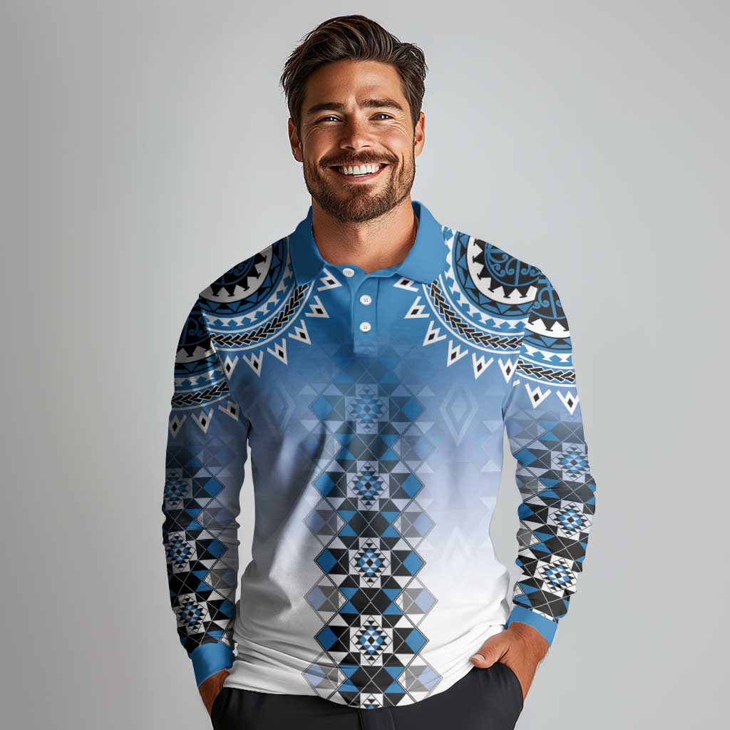 New Zealand Long Sleeve Polo Shirt Poutama Mix Blue Taniko Inspired Art LT05 - Polynesian Pride