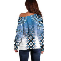 New Zealand Off Shoulder Sweater Poutama Mix Blue Taniko Inspired Art LT05