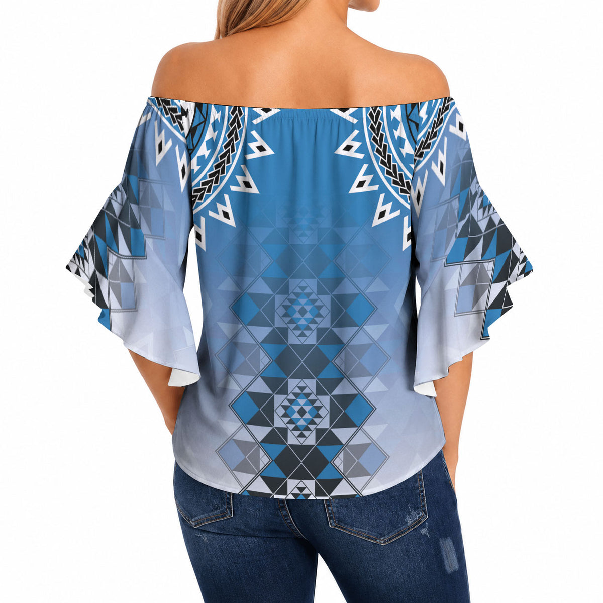 New Zealand Off Shoulder Wrap Waist Top Poutama Mix Blue Taniko Inspired Art LT05 - Polynesian Pride