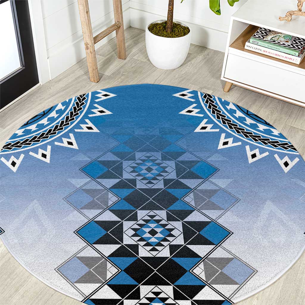 New Zealand Round Carpet Poutama Mix Blue Taniko Inspired Art LT05