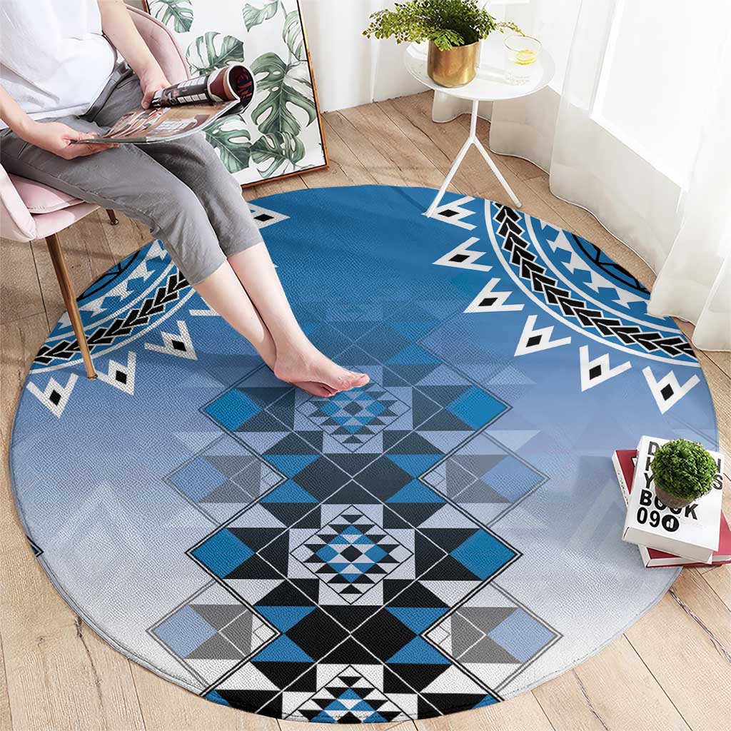 New Zealand Round Carpet Poutama Mix Blue Taniko Inspired Art LT05