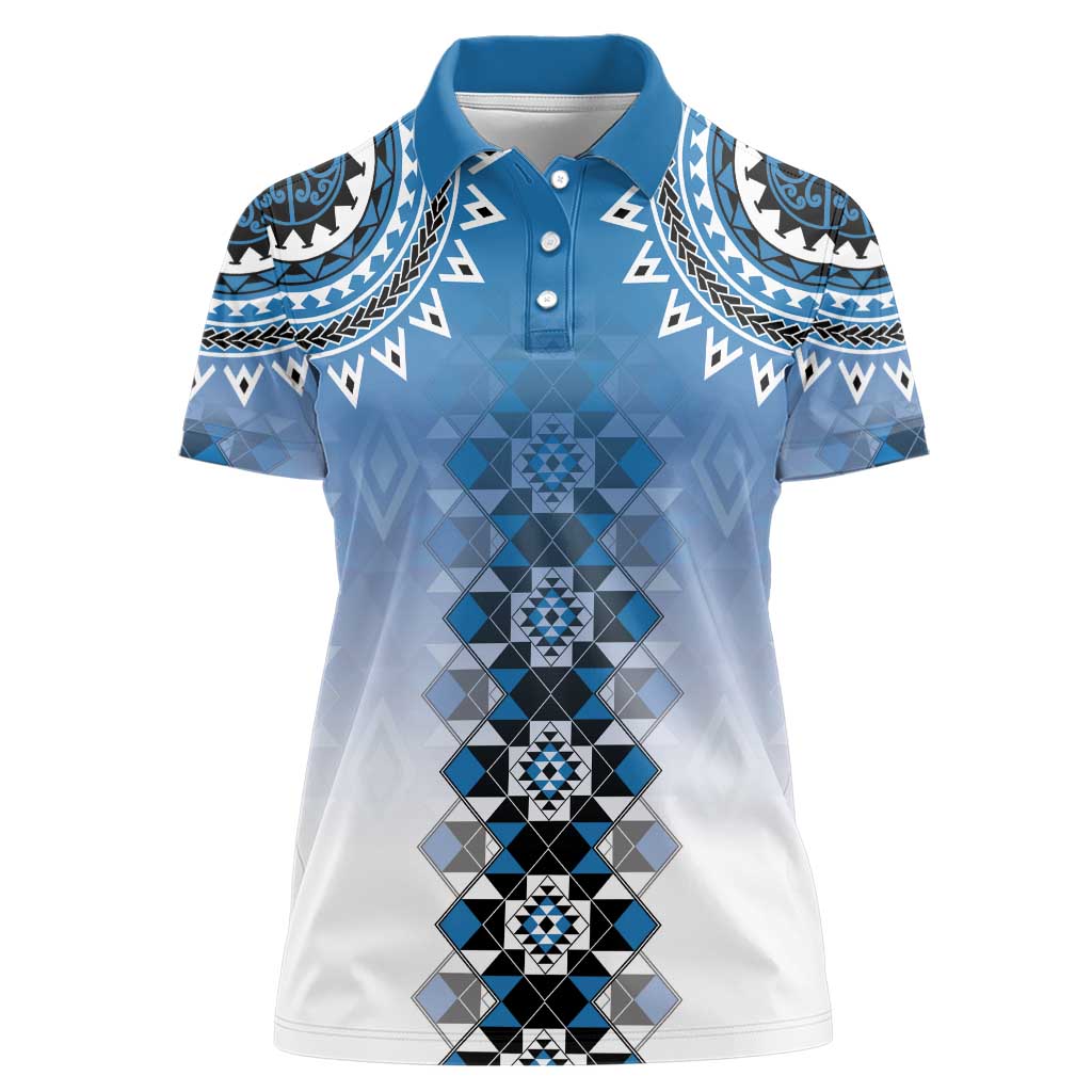 New Zealand Women Polo Shirt Poutama Mix Blue Taniko Inspired Art LT05