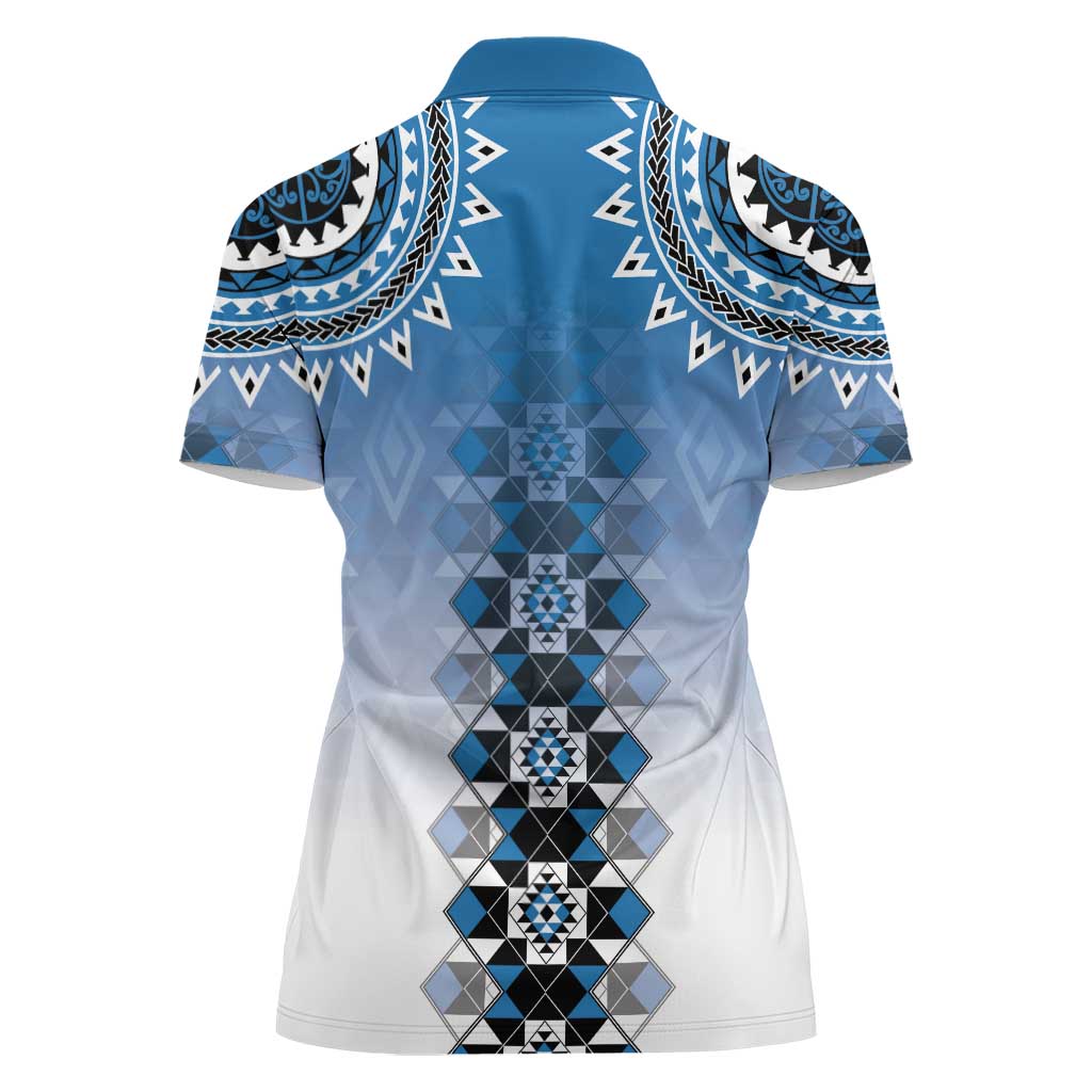 New Zealand Women Polo Shirt Poutama Mix Blue Taniko Inspired Art LT05