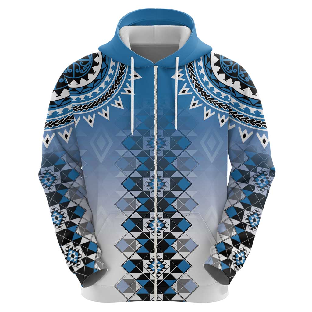 New Zealand Zip Hoodie Poutama Mix Blue Taniko Inspired Art LT05