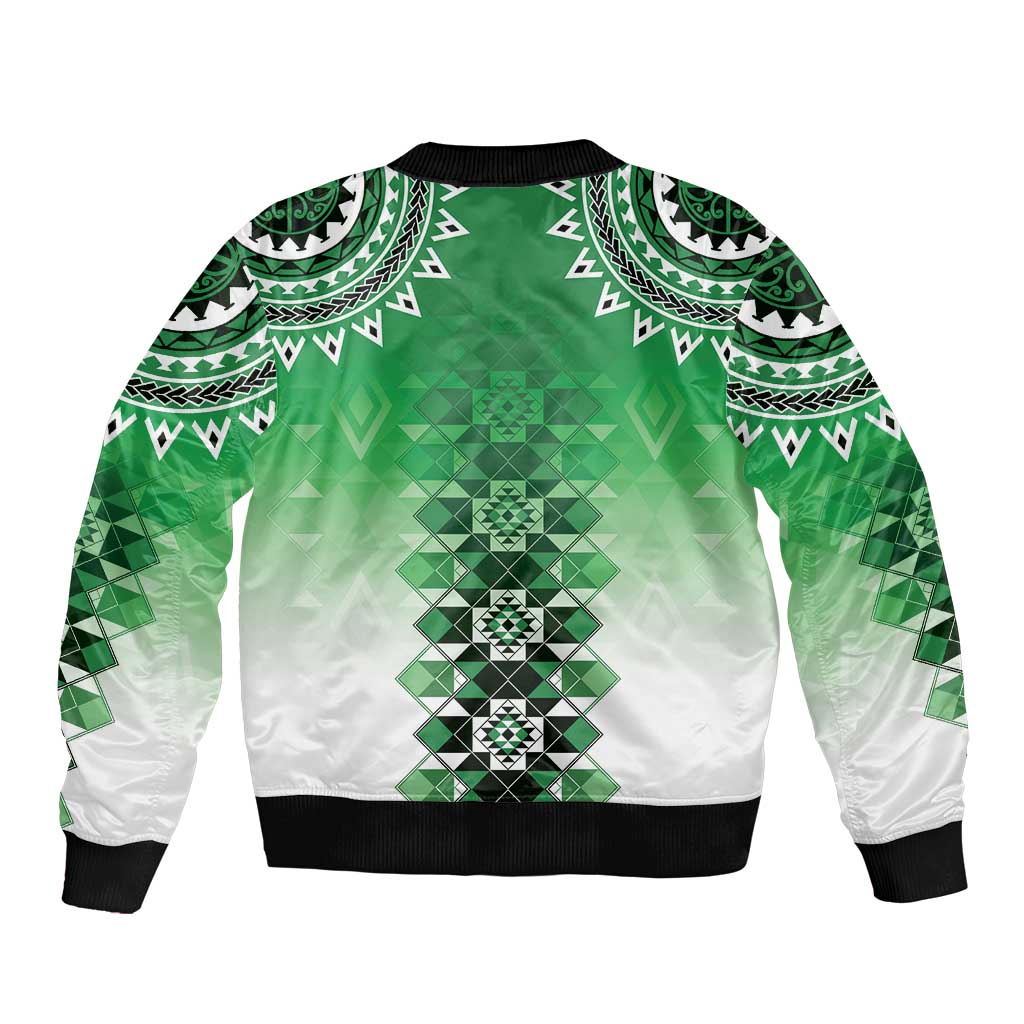 New Zealand Bomber Jacket Poutama Mix Green Taniko Inspired Art LT05