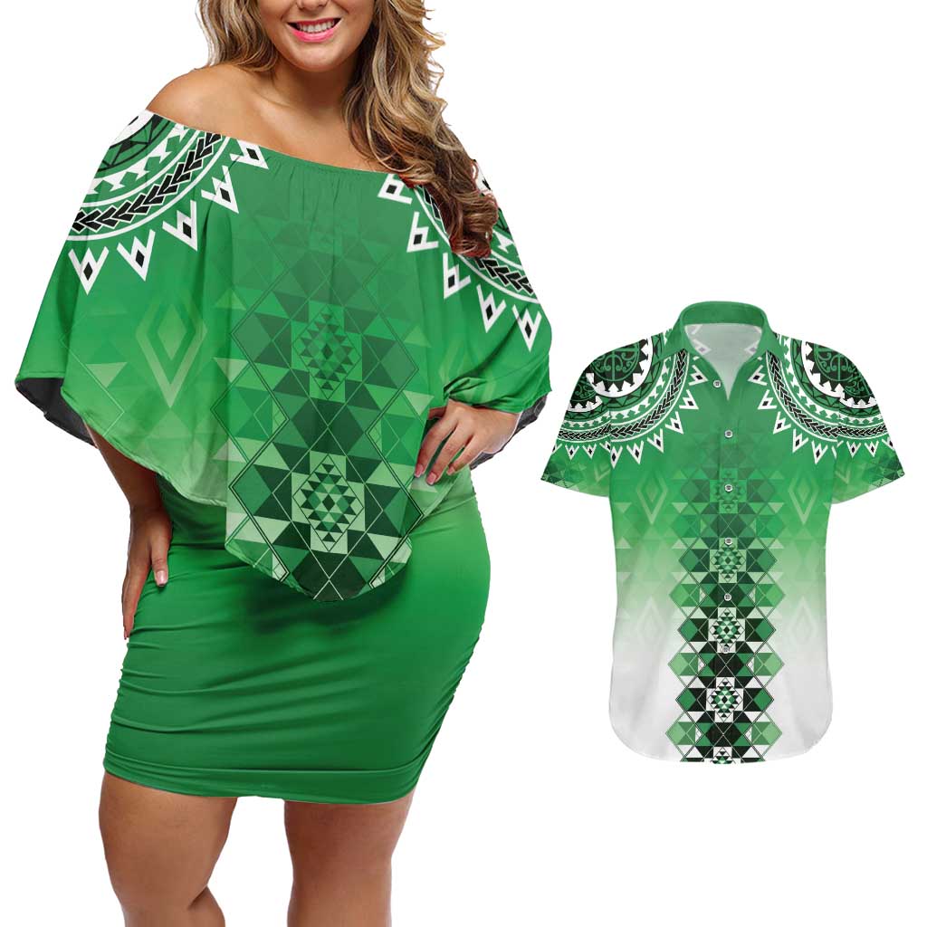 New Zealand Couples Matching Off Shoulder Short Dress and Hawaiian Shirt Poutama Mix Green Taniko Inspired Art LT05 Green - Polynesian Pride