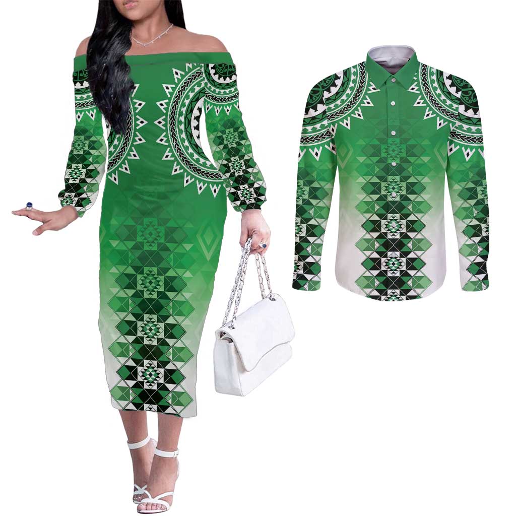 New Zealand Couples Matching Off The Shoulder Long Sleeve Dress and Long Sleeve Button Shirt Poutama Mix Green Taniko Inspired Art LT05 Green - Polynesian Pride