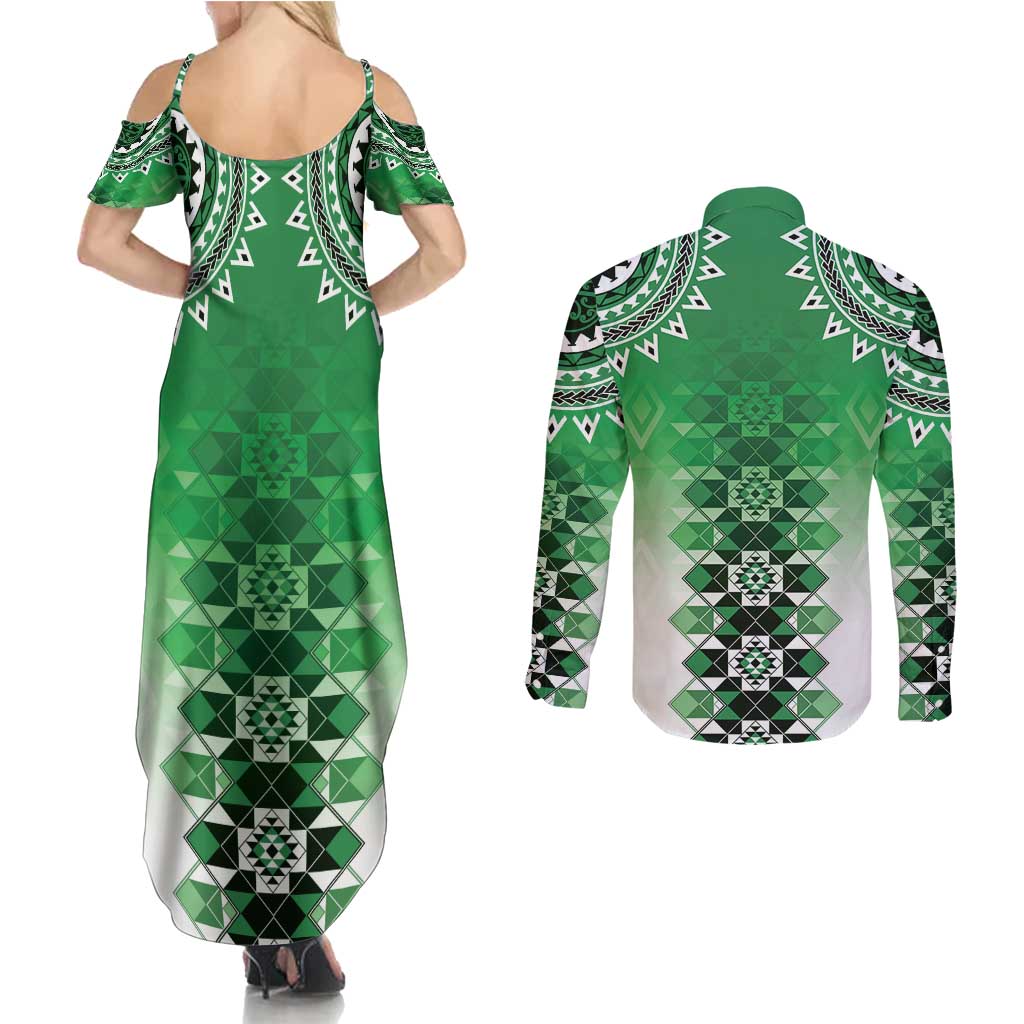 New Zealand Couples Matching Summer Maxi Dress and Long Sleeve Button Shirt Poutama Mix Green Taniko Inspired Art LT05