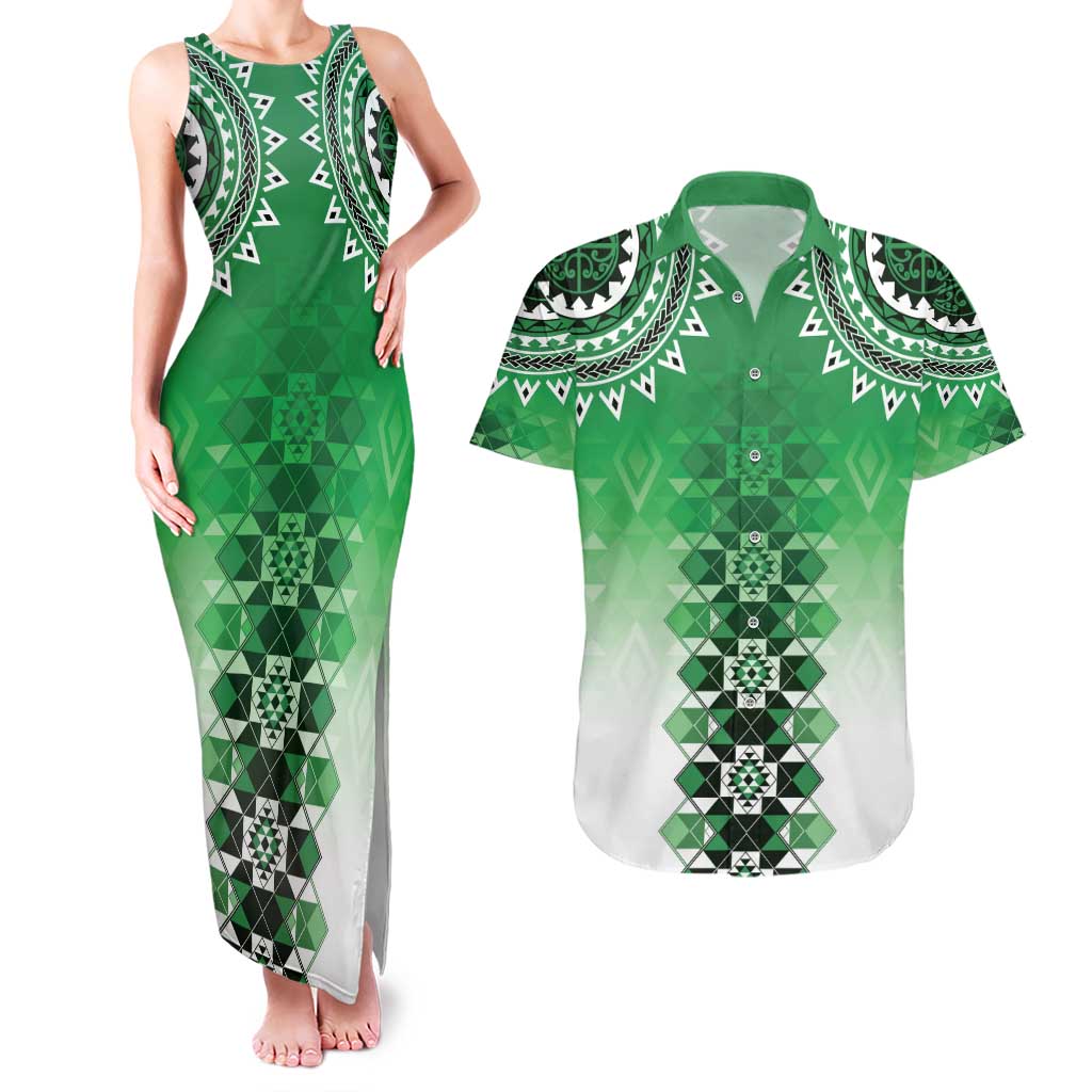 New Zealand Couples Matching Tank Maxi Dress and Hawaiian Shirt Poutama Mix Green Taniko Inspired Art LT05 Green - Polynesian Pride