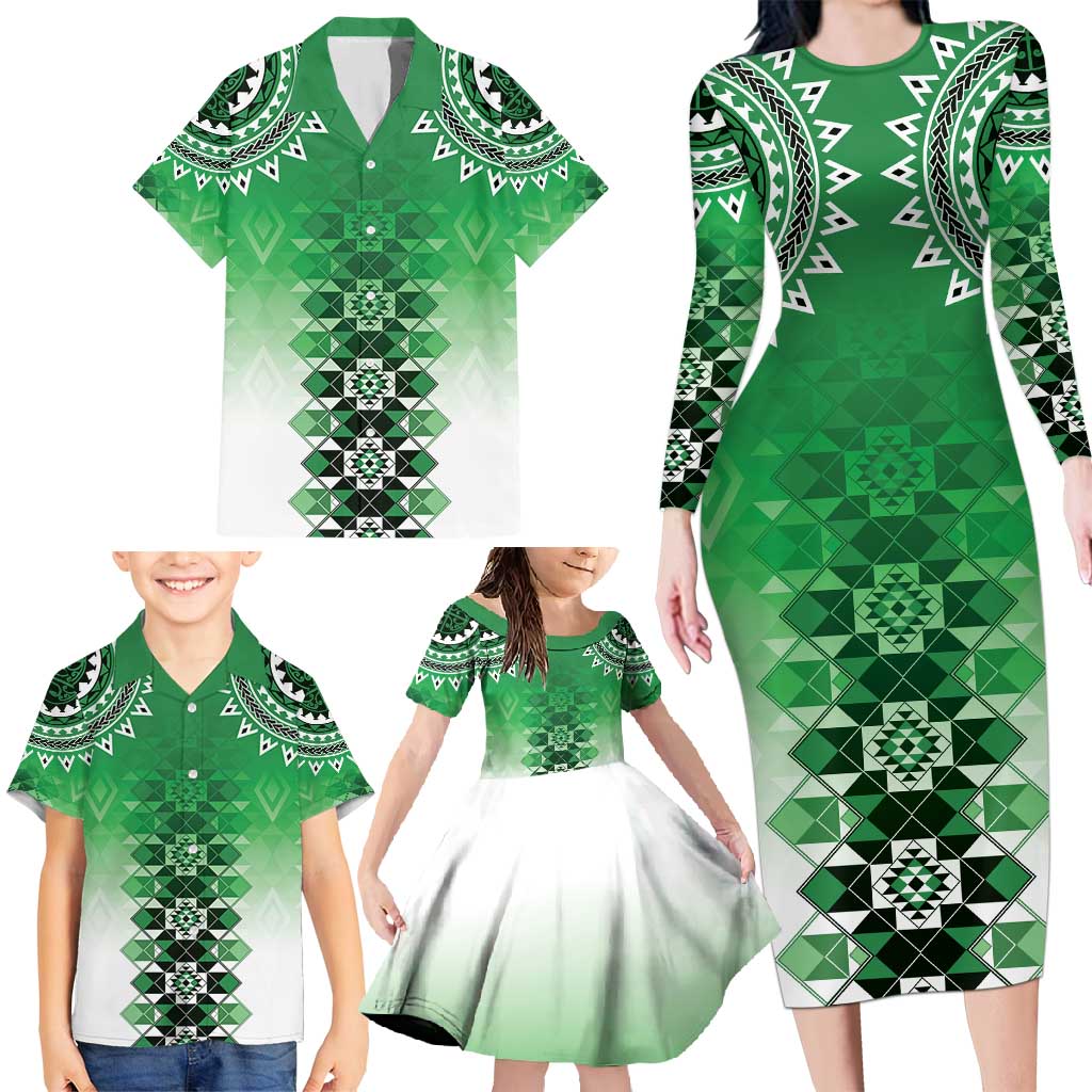 New Zealand Family Matching Long Sleeve Bodycon Dress and Hawaiian Shirt Poutama Mix Green Taniko Inspired Art LT05