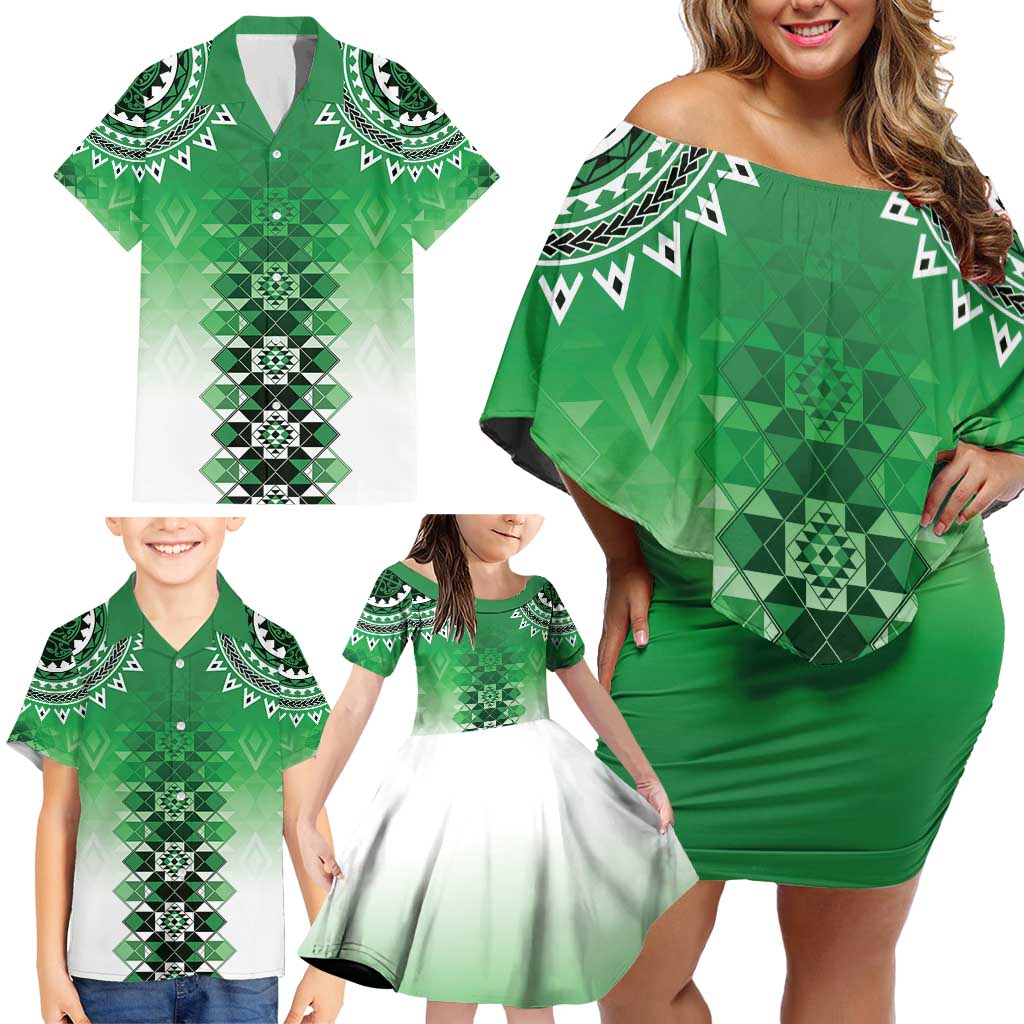 New Zealand Family Matching Off Shoulder Short Dress and Hawaiian Shirt Poutama Mix Green Taniko Inspired Art LT05