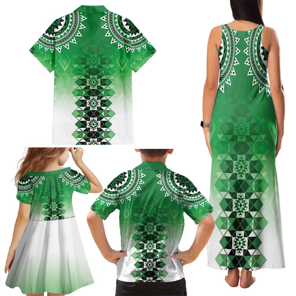 New Zealand Family Matching Tank Maxi Dress and Hawaiian Shirt Poutama Mix Green Taniko Inspired Art LT05