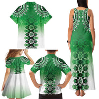 New Zealand Family Matching Tank Maxi Dress and Hawaiian Shirt Poutama Mix Green Taniko Inspired Art LT05