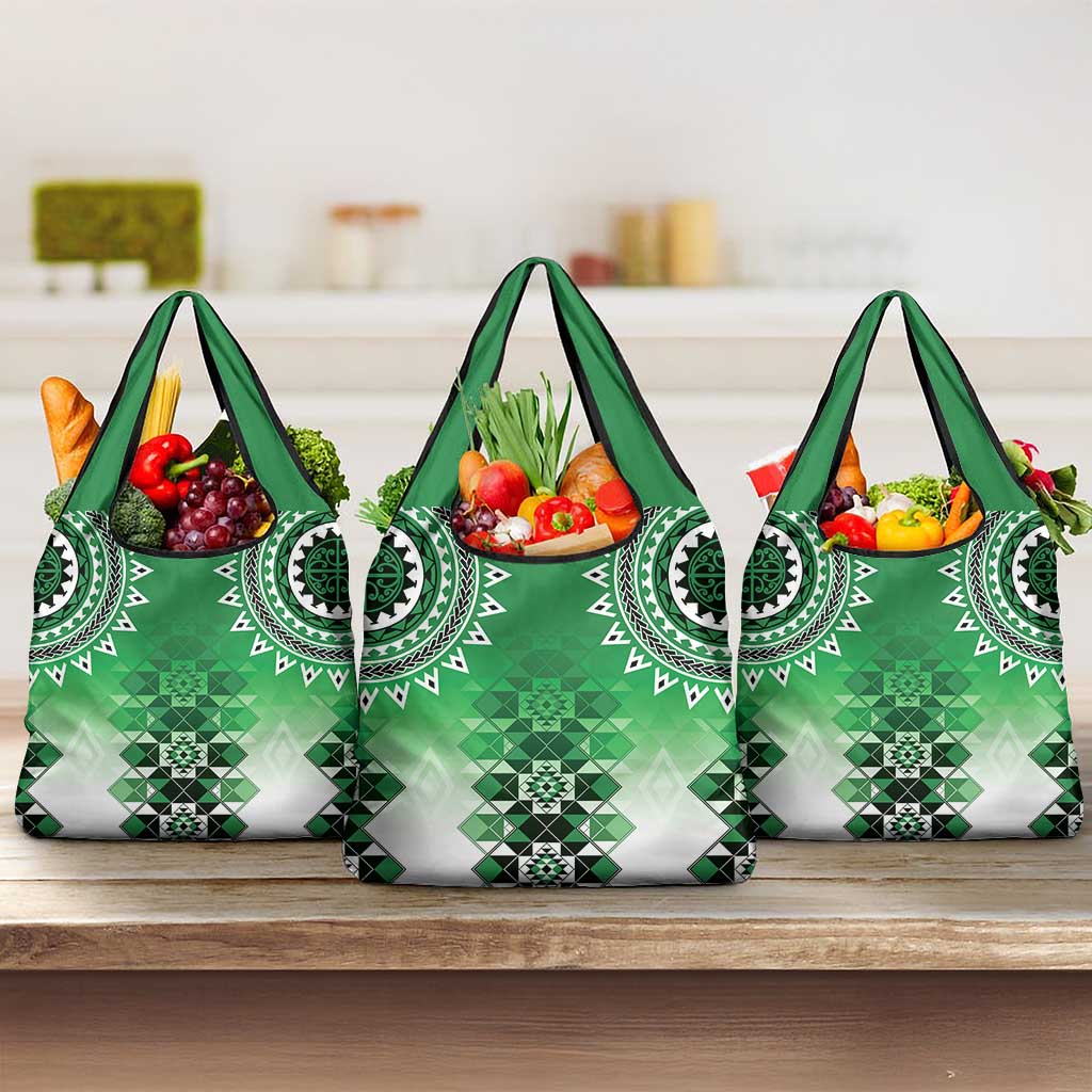 New Zealand Grocery Bag Poutama Mix Green Taniko Inspired Art LT05 3-pack One Size Green - Polynesian Pride