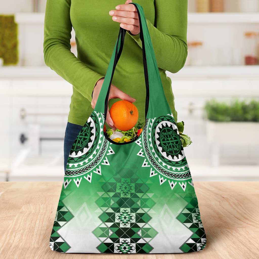 New Zealand Grocery Bag Poutama Mix Green Taniko Inspired Art LT05 - Polynesian Pride