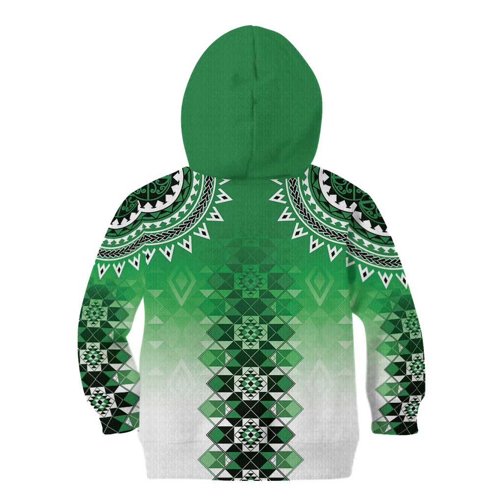 New Zealand Kid Hoodie Poutama Mix Green Taniko Inspired Art LT05