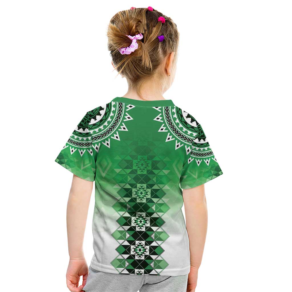 New Zealand Kid T Shirt Poutama Mix Green Taniko Inspired Art LT05