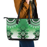 New Zealand Leather Tote Bag Poutama Mix Green Taniko Inspired Art LT05 - Polynesian Pride