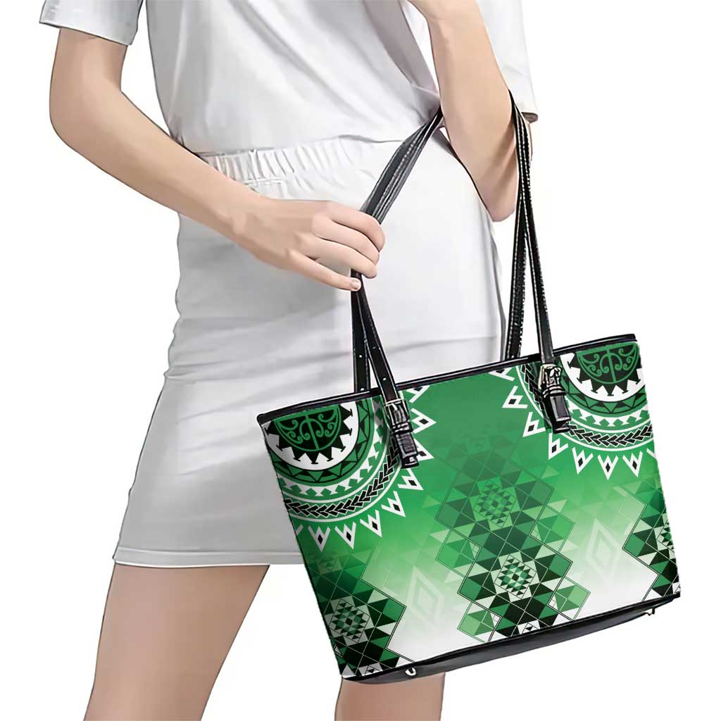 New Zealand Leather Tote Bag Poutama Mix Green Taniko Inspired Art LT05 - Polynesian Pride