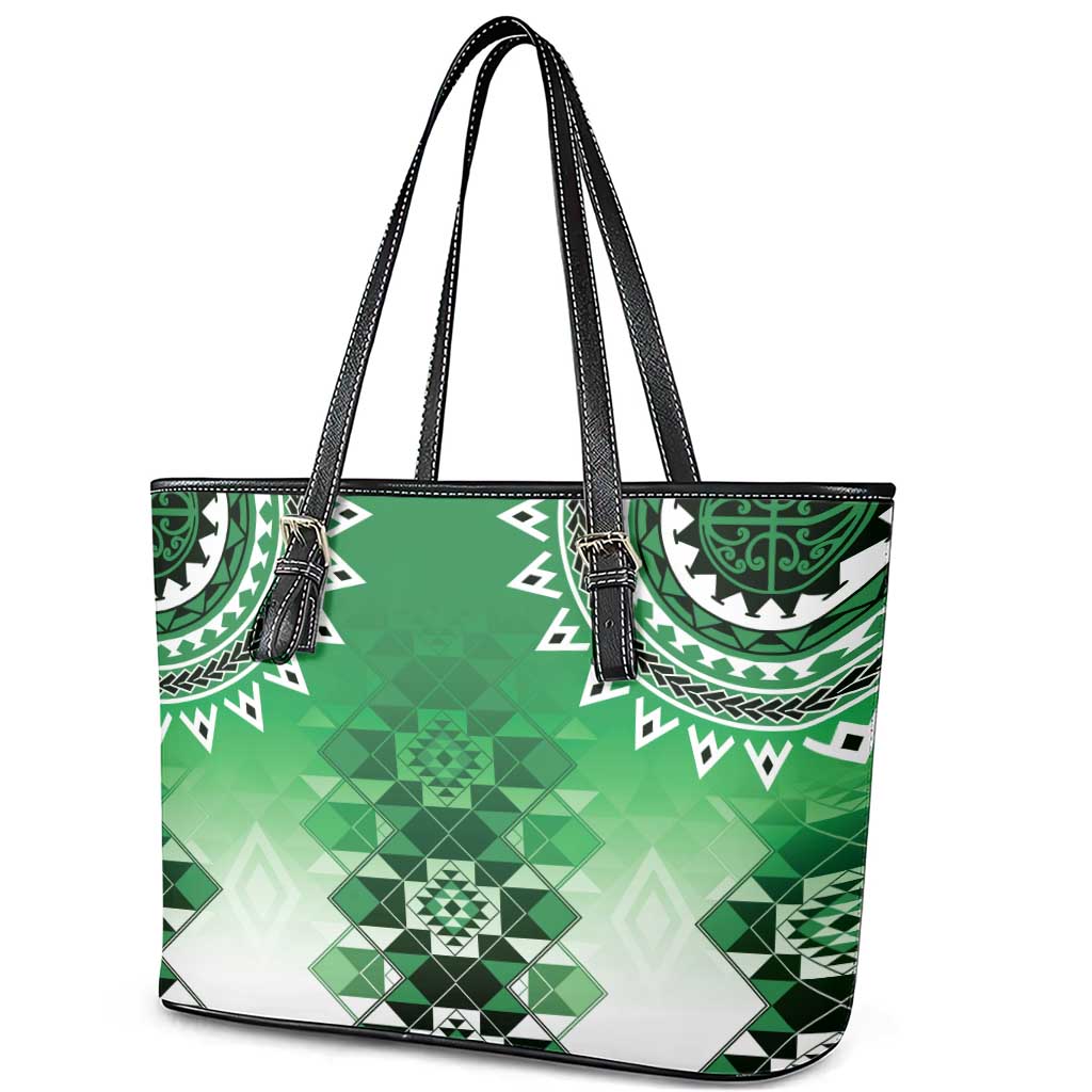 New Zealand Leather Tote Bag Poutama Mix Green Taniko Inspired Art LT05 - Polynesian Pride