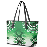 New Zealand Leather Tote Bag Poutama Mix Green Taniko Inspired Art LT05 - Polynesian Pride