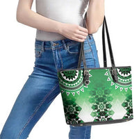 New Zealand Leather Tote Bag Poutama Mix Green Taniko Inspired Art LT05 - Polynesian Pride