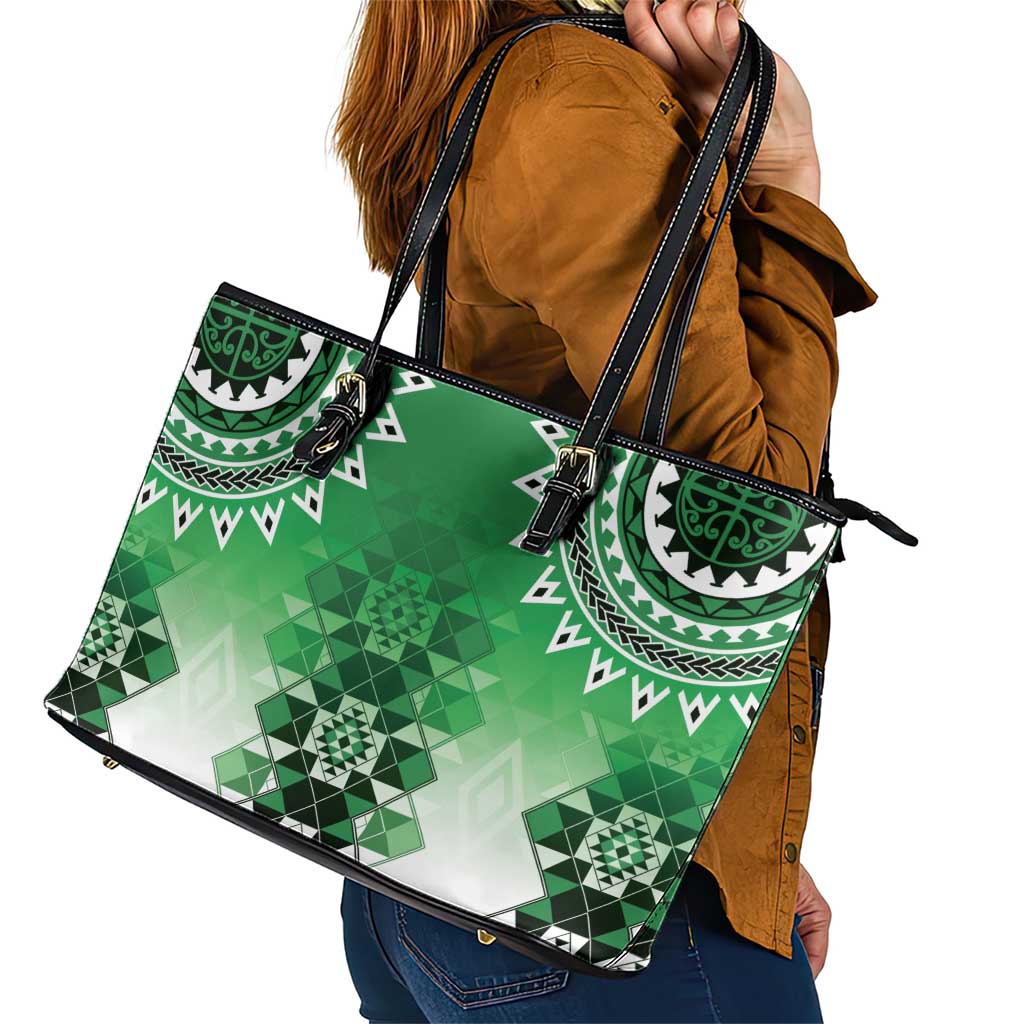 New Zealand Leather Tote Bag Poutama Mix Green Taniko Inspired Art LT05 - Polynesian Pride
