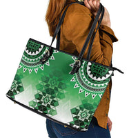 New Zealand Leather Tote Bag Poutama Mix Green Taniko Inspired Art LT05 - Polynesian Pride