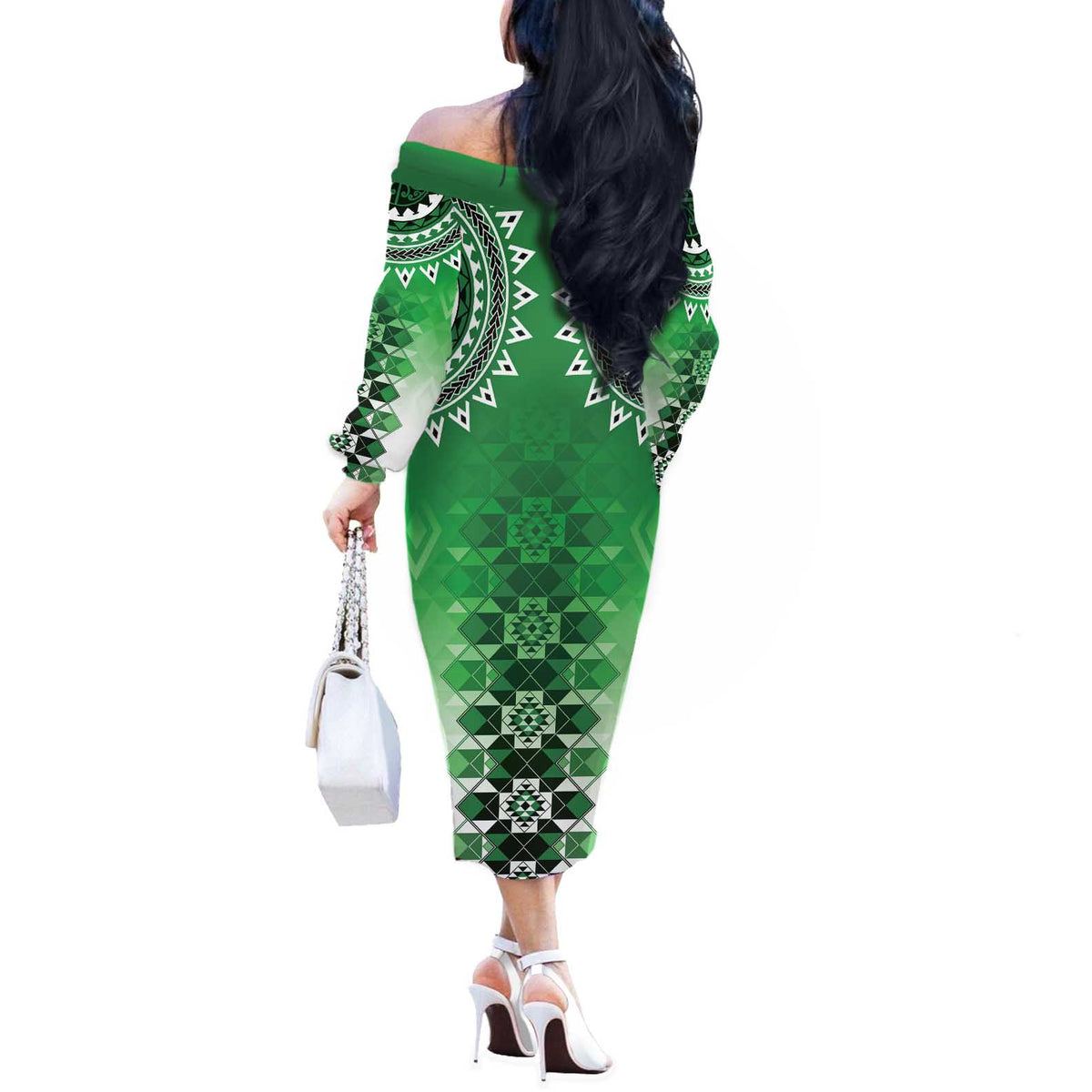 New Zealand Off The Shoulder Long Sleeve Dress Poutama Mix Green Taniko Inspired Art LT05