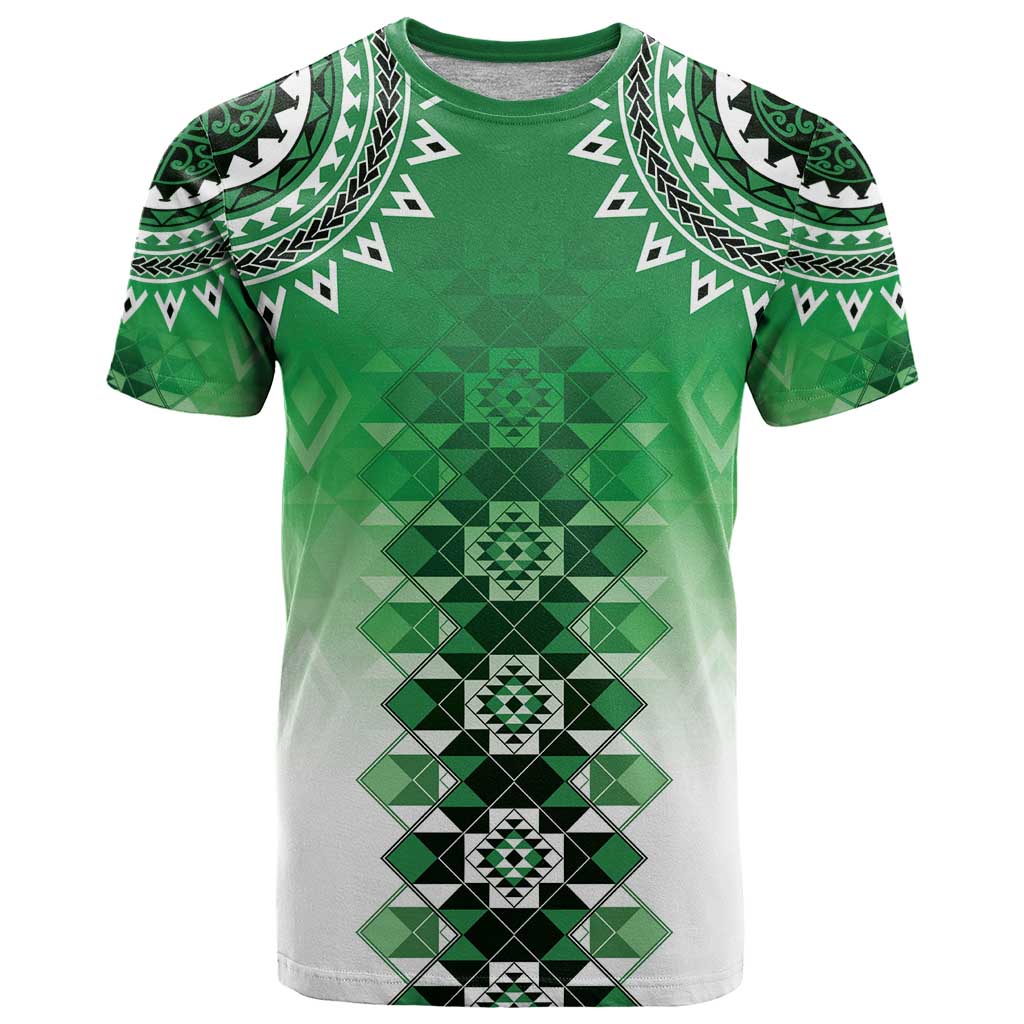 New Zealand T Shirt Poutama Mix Green Taniko Inspired Art LT05