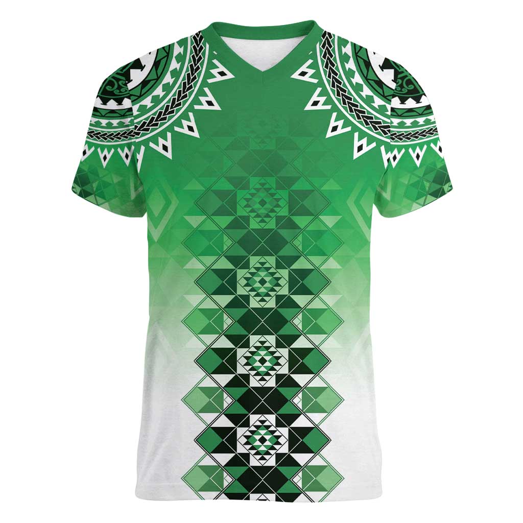 New Zealand Women V-Neck T-Shirt Poutama Mix Green Taniko Inspired Art LT05 Female Green - Polynesian Pride