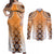 New Zealand Couples Matching Off Shoulder Maxi Dress and Long Sleeve Button Shirt Poutama Mix Orange Taniko Inspired Art LT05