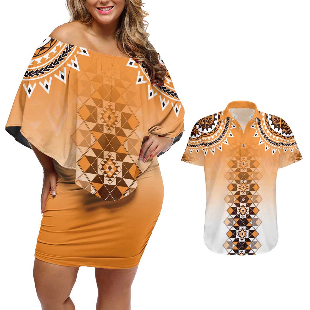 New Zealand Couples Matching Off Shoulder Short Dress and Hawaiian Shirt Poutama Mix Orange Taniko Inspired Art LT05 Orange - Polynesian Pride