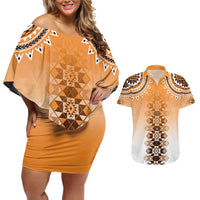 New Zealand Couples Matching Off Shoulder Short Dress and Hawaiian Shirt Poutama Mix Orange Taniko Inspired Art LT05