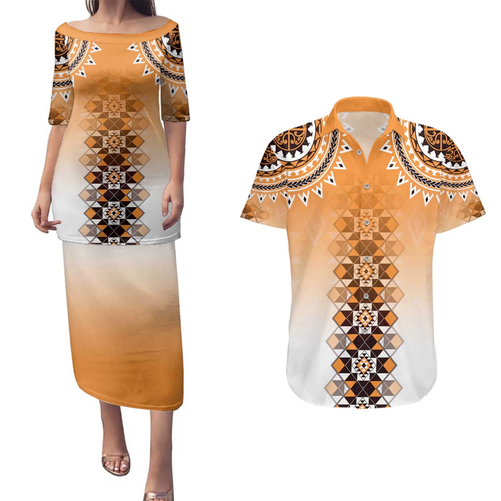 New Zealand Couples Matching Puletasi and Hawaiian Shirt Poutama Mix Orange Taniko Inspired Art LT05 Orange - Polynesian Pride