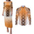 New Zealand Couples Matching Puletasi and Long Sleeve Button Shirt Poutama Mix Orange Taniko Inspired Art LT05