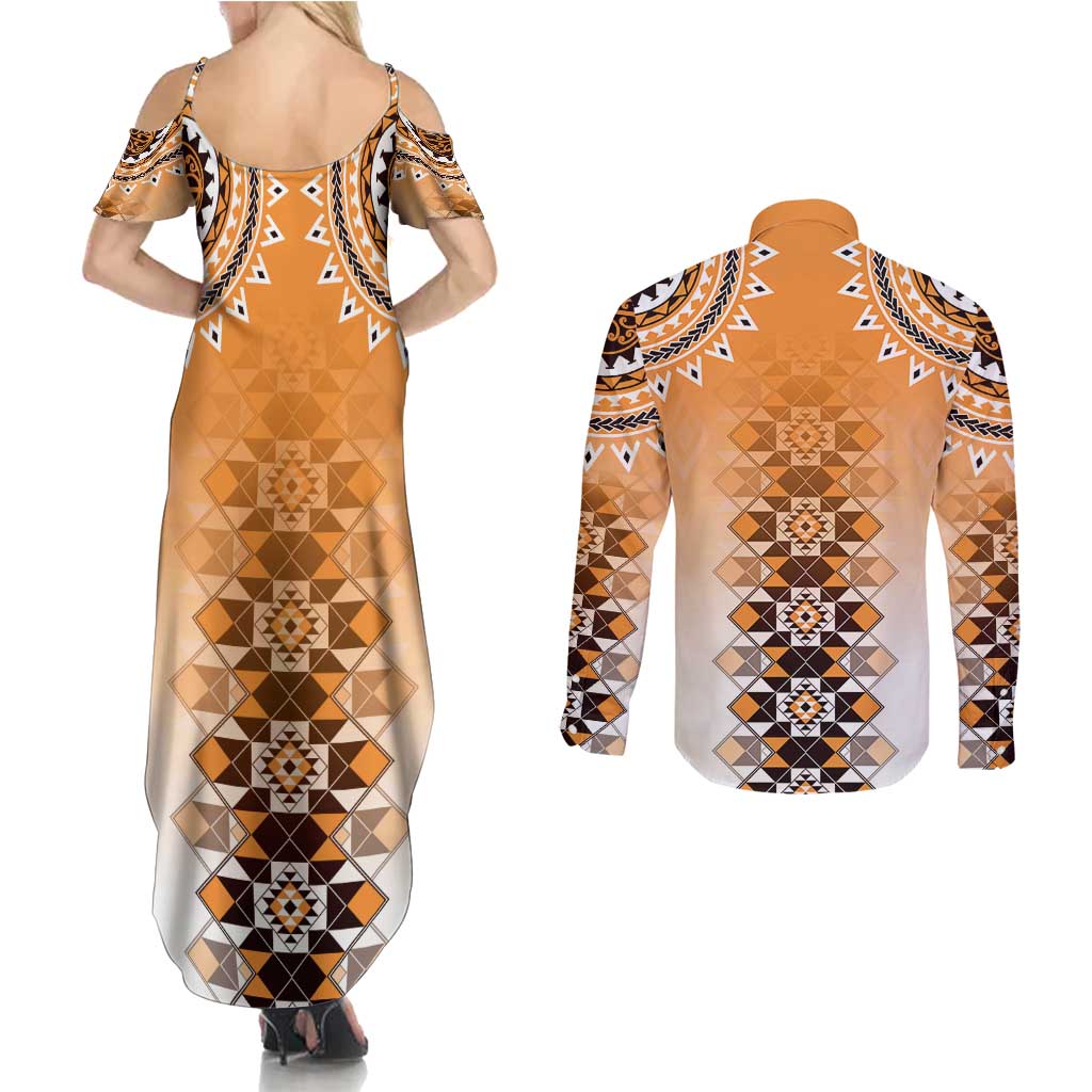 New Zealand Couples Matching Summer Maxi Dress and Long Sleeve Button Shirt Poutama Mix Orange Taniko Inspired Art LT05