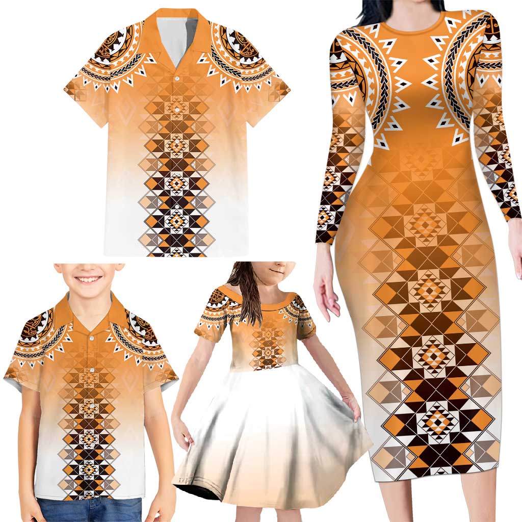 New Zealand Family Matching Long Sleeve Bodycon Dress and Hawaiian Shirt Poutama Mix Orange Taniko Inspired Art LT05