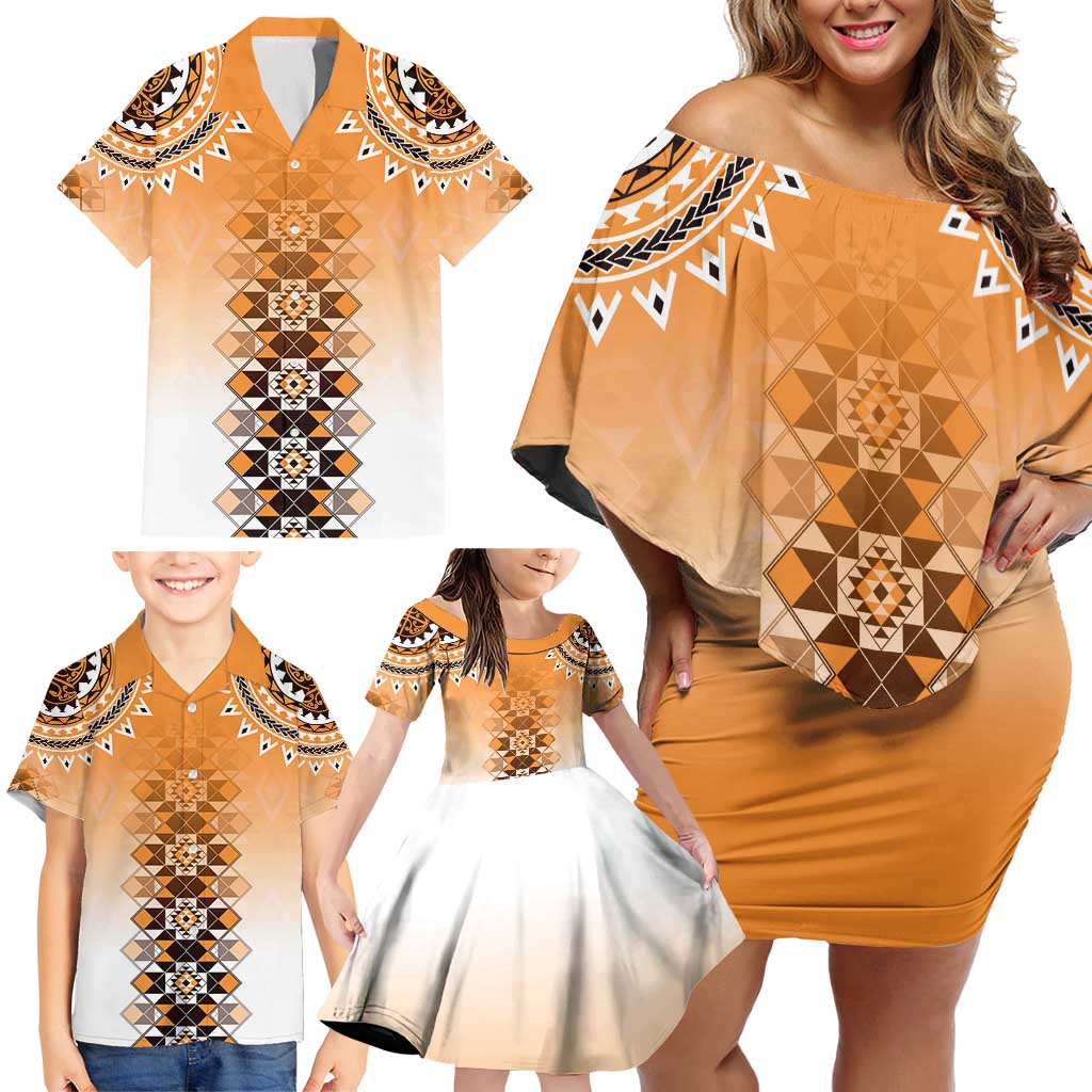 New Zealand Family Matching Off Shoulder Short Dress and Hawaiian Shirt Poutama Mix Orange Taniko Inspired Art LT05