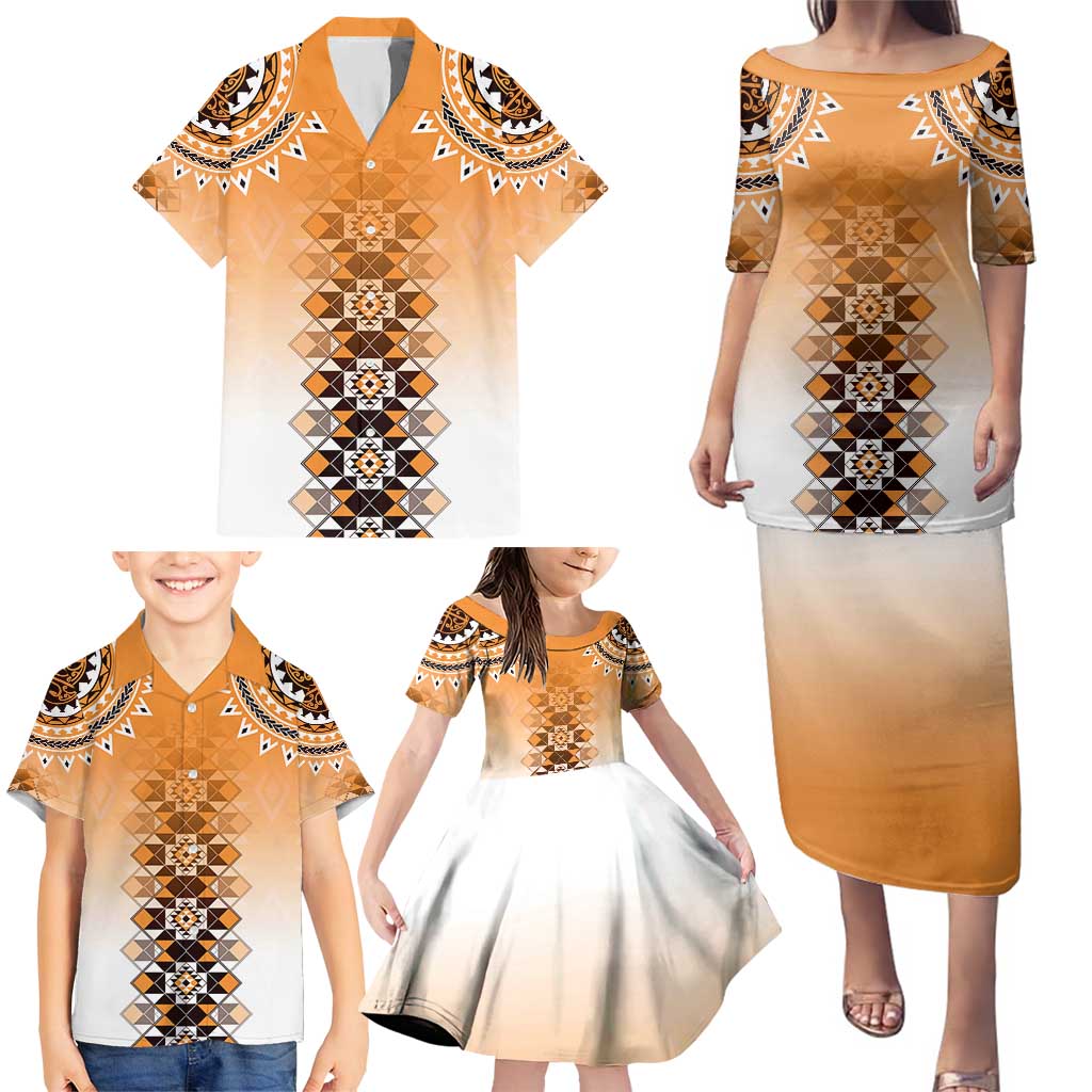 New Zealand Family Matching Puletasi and Hawaiian Shirt Poutama Mix Orange Taniko Inspired Art LT05